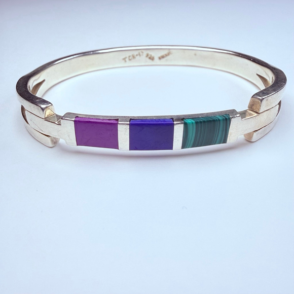 Taxco Sugilite Malachite Lapis Lazuli 925 Sterling Silver Bangle Bracelet Mexico